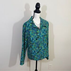 Classy blazer in a light weight abstract predominantly in green and blues